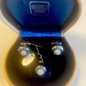 Seibu Pearl Cufflinks and Tie Pin Silver 850 Vintage Japan   NWT